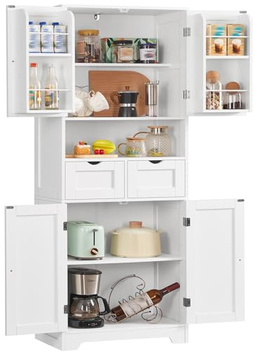 TEENFON Credenza Cucina Alta, Mobile Dispensa Alto 4 Ante e 2 Cassetti con Ripiani Regolabili e Portaspezie sulla Porta, Armadio Multiuso per Cucina, Soggiorno, Bagno, 60 x 30 x 161 cm, Bianco