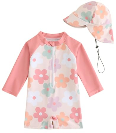 Baby Swimsuit Boy Girl Rash Vest Set 0M-3T, Long Sleeve UPF 50+ Infant Swimming Costume with Hat, Zipper Toddler One Piece Rash Guard Swimwear, Orange Flower 6-12 Months