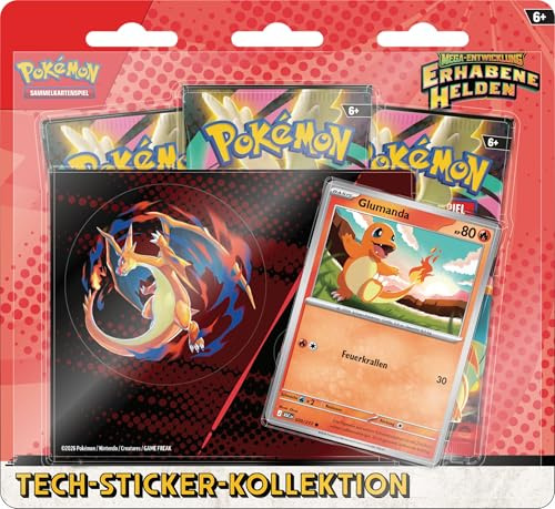 Pokémon-Sammelkartenspiel: Tech-Sticker-Kollektion Mega-Entwicklung – Erhabene Helden: Glumanda (1 holografische Promokarte und 3 Boosterpacks)