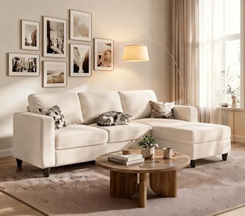 Lonkwa 73 Sectional Sofa Couch for Living Room, Beige Convertible L Shaped Sofa with Reversible Ottoman, 8 Extra Thick High-Density Cushions, Modern Linen Fabric 3 Seater Sofa for Small Space