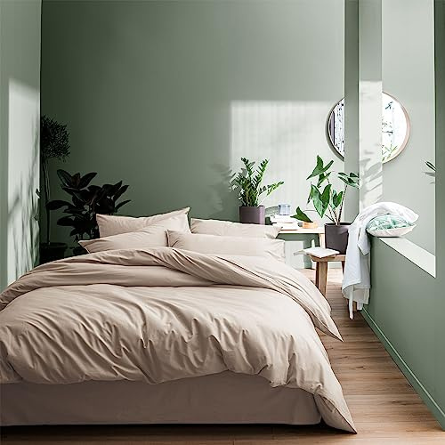 MATT & ROSE Parure de lit Coton LAVÉ Unie avec taies à Volant 100% Coton | Coloris Lin | Housse de couette 200x200 cm + 2 taies d'oreiller 65x65 cm | Fermeture boutons | Certification Oeko-Tex