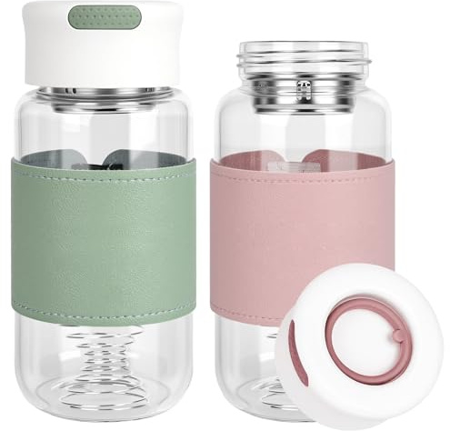 YYTECH 2 piezas Protein Shaker de Vidrio de 16 Oz con Tamiz Integrado y Bola de Mezcla de Acero Inoxidable, Libre de BPA y Antigoteo con Diseño de Silicona Antideslizante