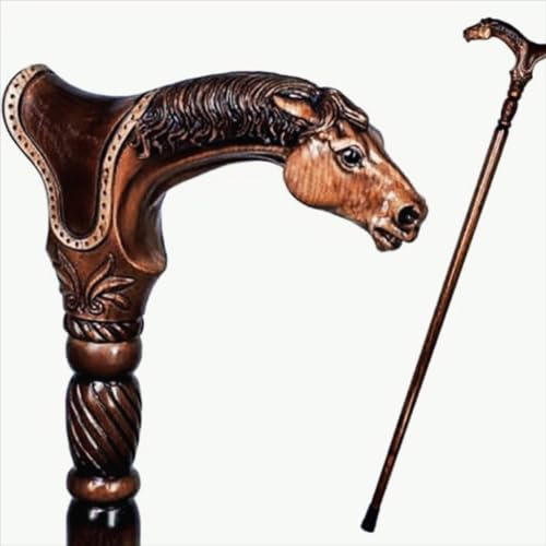 Bastón de madera con mango de diseño de cabeza de caballo, hecho a mano, artesanía duradera, 95 cm de largo
