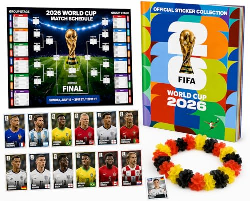 TK Gruppe Timo Klingler Set XXL Panini Coppa del Mondo 2026 – Album & Figurine con Calendario Partite, Collana di Fiori & Album Panini Calcio (1 Bustina / 13 Figurine)