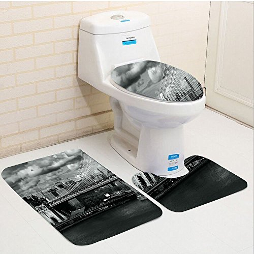 RedBeans New York Badteppich-Set, 3-teilig, inkl. Deckelbezug, rutschfest, konturiert, Motiv New York City-Skyline mit Fokus auf Manhattan Bridge in Schwarz-Weiß, grau