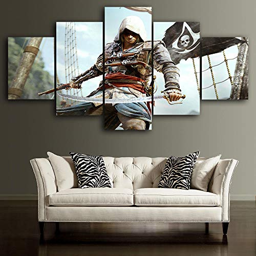 Myrdsio Peinture Murale D'Art L'Image 5 Pièces Impression Sur Toile Intissée Jeu Vidéo Assassin'S Creed Black Flag Moderne Salon Appartement Domicile Décoration Modulaire Poster Mural Encadré