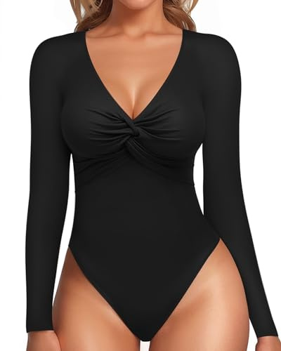 MANGOPOP Bodysuits for Women Deep V Neck Twist Knot Fitted Long Sleeve Bodysuit Basic Tops Casual T Shirts, Black, Large