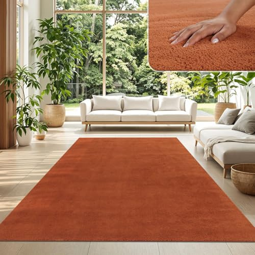 TT Home Wohnzimmer Teppich Kurzflor Anti-Rutsch Rückseite Unifarben Modern Waschbar, Farbe: Dunkelorange, Größe:120x160 cm
