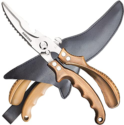 ANDONG Kitchen Shears - Heavy Duty Stainless Steel Poultry, Meat & Bone Scissors with Black Leather Sheath for Food
