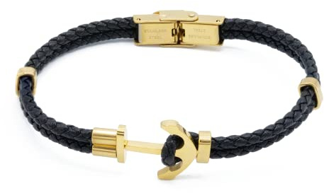 Du Sablon - Bracciale Uomo Stile Marino in Pelle Intrecciata Nero con Ancora Dorata in Acciaio Inox | Elegante, Leggero e Originale con Chiusura Cassetto