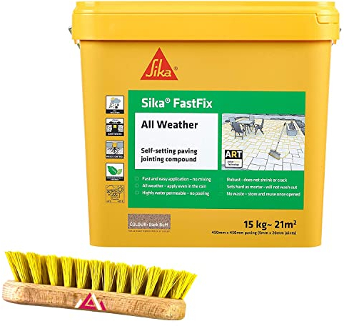 Fast Fix All Weather | Ready to Use, Self-Setting Paving Jointing Compound for Any Weather, Suitable for Stones Setts, Paving Block and Footpaths With Scrub Brush 15kg - 21 sq.m (Dark Buff)