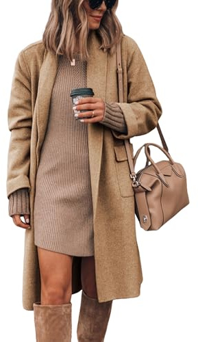 Hooever Women's Long Cardigan Wool Coat Open Front Pockets Warm Lapel Jacket Coat Fall Outerwear (Khaki-L)