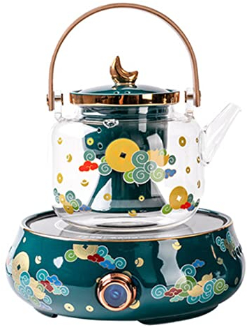 Bollitore elettrico Vetro Stufa elettrica in ceramica Teiera ad alta temperatura Manico in legno Pulsante rotante Spegnimento automatico Distributori di acqua calda per uso domestico per cucina (A)