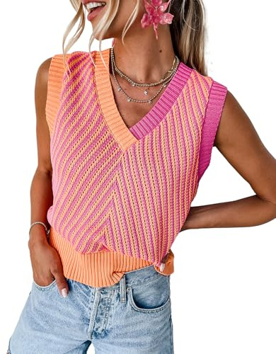 MARZXIN Women Sleeveless Sweater V Neck Casual 2026 Fall Knitted Chevron V Neck Sweater Vest Color Block Pullover Sweater Top Strawberry Pink XL