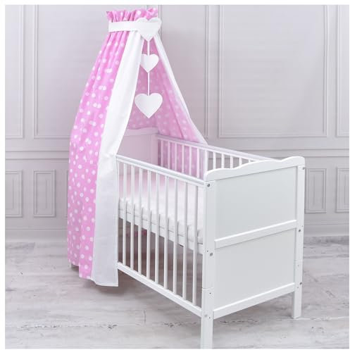 Generisch Baby Delux Babybett Himmel Betthimmel Baumwolle Baldachin für Babybett Kinderbett Wiege Stubenwagen Himmelstange Applikationen Herz Deko (Pink Dots, mit Himmelstange)
