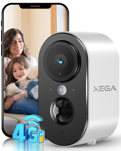 Xega 4G LTE Caméra de Sécurité Extérieur Intérieur avec Carte SIM, 2K HD Caméra IP Portable, Batterie 6000mAh, Détection de Mouvement PIR, Vision Nocturne Couleur, Audio 2 Voies, TF/Cloud, IP65