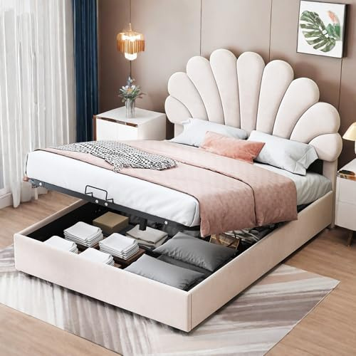 Sapgak - Bett mit Bettkasten 140x200 cm Blumenkopf, hautfreundlicher Samtstoff, Beige, 2 Personen, Doppelbett, Stauraum