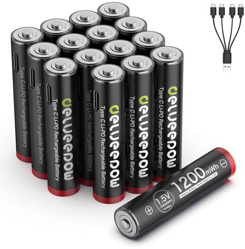 Delyeepow Lot de 16 Piles Rechargeables USB C AAA 1,5 V au Lithium, 1200mWh avec Câble de Charge USB C 4 en 1 Charge Rapide 1 Heure 1500 Cycles