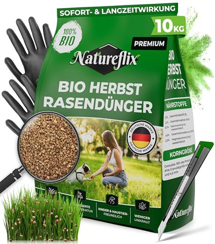 Natureflix BIO Herbstrasendünger mit Langzeitwirkung | Frost- & Winter-Rundumschutz| Organischer Rasendünger Bio | (Körnung 1-4mm) Herbstdünger Rasen | Sicher für Kind & Tier (10kg für 280m²)