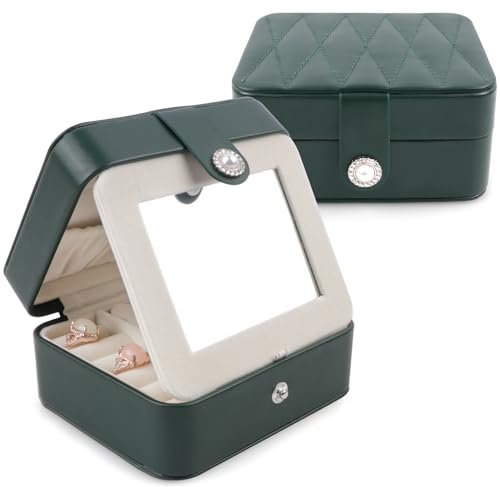 Homeanda Portagioie da viaggio, piccolo portagioie in pelle ecologica in poliuretano, con specchio, per orecchini, anelli, collane, gioielli, per adolescenti, ragazze, donne (blu)