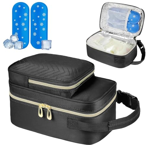 Breastmilk Cooler Travel Bag with Ice Pack,Portable Breastmilk Cooler Bag with Buckle Handle,Insulated Breastmilk Storage Bag Cooler,Black