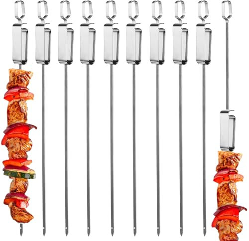 BIGP 10 Stück Grillspieße aus Edelstahl, 41cm Lange Wiederverwendbare Schaschlikspieße, Flat Fleischspieße mit Schieberegler, Grillnadel für BBQ, Lammbraten, Rindfleisch, Gemüse