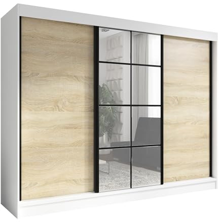 A&J MöbelLand Schwebetürenschrank ORAVELLE Kleiderschrank 3-türig mit Schubladen und Spiegel Garderobenschrank 200 cm (Weiß/Sonoma)