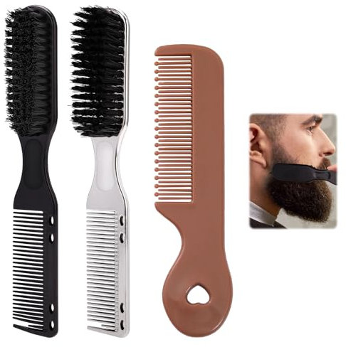 3PCS Professional Barber Kit,Barber Comb,Clipper Cleaning Brush and Beard Comb Set,Beard Brush for Men,Barbers Brush,Suitable for Salon & Home Hair Styling Tools (Black,Silver,Brown)