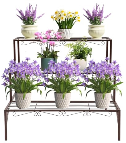 soudesileim Escalier à fleurs à 3 niveaux, en métal, 70 x 58 x 60 cm, charge maximale par étage : 20 kg, renforcement triangulaire, pieds antidérapants, support de plantes autoportant, bronze
