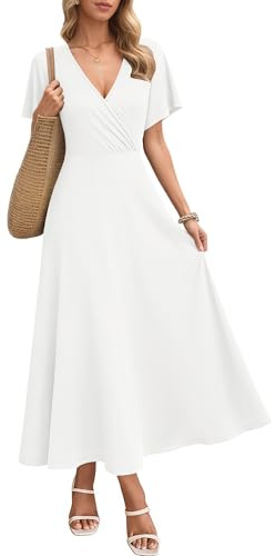 AUSELILY Vestido largo para mujer, de manga corta, elegante, con cuello en V, con bolsillos