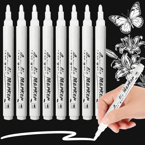 ARIEL-GXR White Acrylic Paint Pens, 8pcs White Pens, Permanent Acrylic Markers, Metallic Marker Pens for Christmas Cards, Glass, Ceramic, Rock Painting