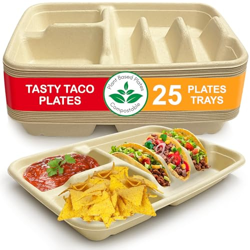 3-Taco & 2-Sides Taco Plates, Disposable Paper Plates with Dividers โ 25 PACK | Taco Tray for Party, Fiesta Taco Holder, Taco Stand for Taco Tuesday & Taco Bar, Microwave-Safe Taco Plates (25 Plates)