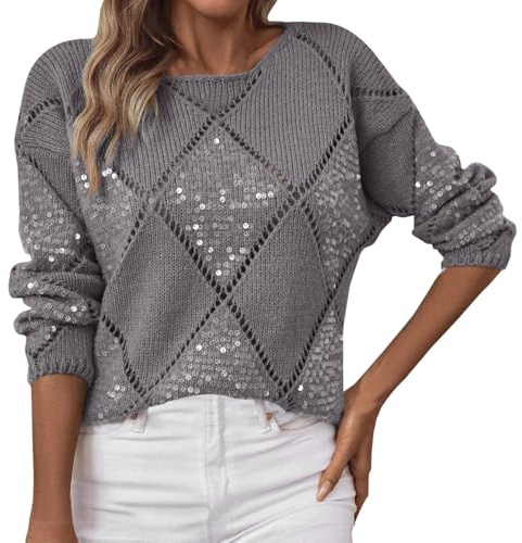 Generisch Jersey de punto con lentejuelas para mujer, cuello redondo, suéter de invierno, jersey de punto grueso, elegante monocolor, suéter de punto festivo, manga larga, blusa holgada, suéter