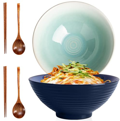 Set med 2 Ramen-skålar på 1200 ml med stav och skedar, stor keramisk soppspjälk, mikrovågs- och diskmaskinställd, kinesisk tallrik för sallad, flingor, pasta, asiatiska