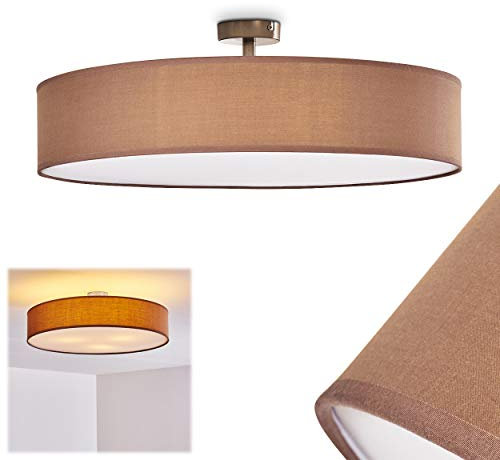 Deckenleuchte Foggia, runde Deckenlampe mit Lampenschirm aus Stoff in Braun/Weiß, Ø 60 cm, 3 x E27-Fassung, Retro-Design, ohne Leuchtmittel