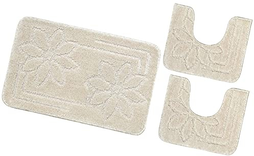 emmevi Tappeto Bagno Parure Fiori Morbido Antiscivolo Assorbente Lavabile MOD.Moorea 6 Set 3 Pezzi Beige