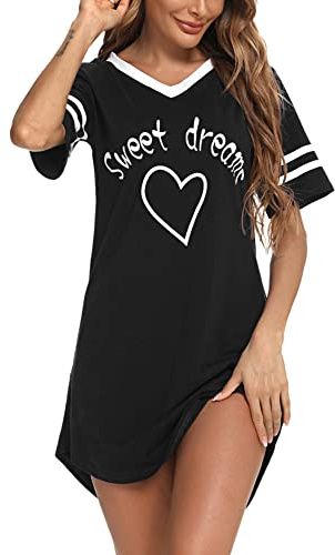 Litherday Women's Nightdresses Nightshirt Cotton Nightwear Comfy Nighties Sleepwear Short Sleeve Pajama Night Dress Nightgown Loungewear(Black,XXL