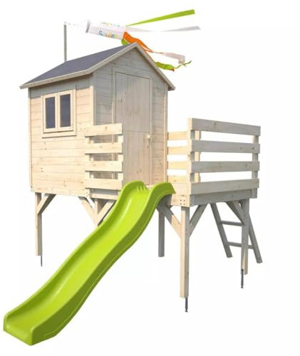 SOULET Josephine Wooden Raised Playhouse - 10FT x 8FT - Wooden Kids Outdoor Playhouse Outpost with Slide for Children - Waterproof Roofing Material Included - Double Barn Hatch Door - Opening Window