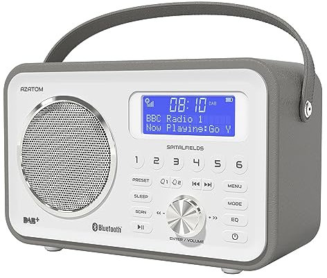 DAB/DAB+ & FM Portable Digital Radio | Leather Design | Bluetooth | Rechargeable Battery | Dual Alarms & Sleep Timer | Perfect for Home, Office or Outdoors | AZATOM Spitalfields 2 (Grey)