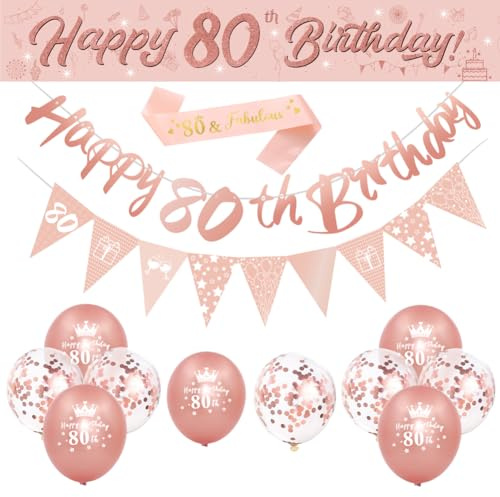DEARLIVES 14 Piece 80th Birthday Decoration Set: Rose Gold Balloons, Banners & Straps