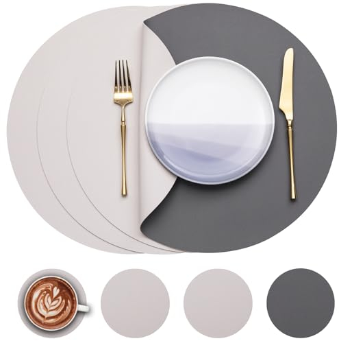Myir JUN Tischsets 4er Set, Tischsets Abwaschbar Platzsets Rund Ø 38cm Platzdeckchen Rund Doppelseitigen rutschfest Platzsets Kunstleder Leder Tischset Lederoptik (Grau Beige, 4er Set)
