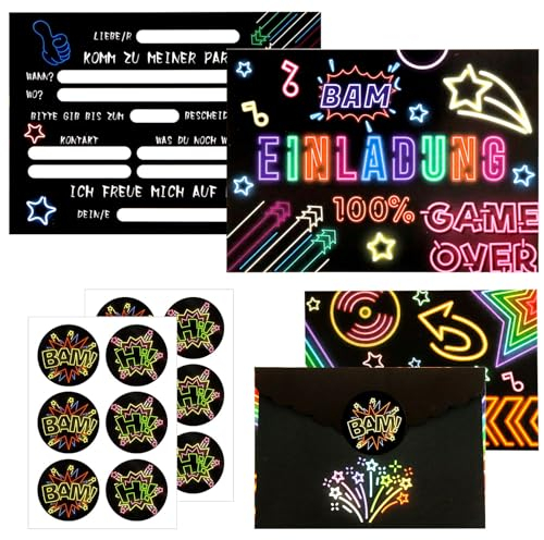 Neon Einladungskarten 12 Stück,nkl. Umschläge 12 Stück + 12pcs Aufkleber,Deutsch Einladungskarten Kindergeburtstag,Lustige Einladung Partyeinladung.