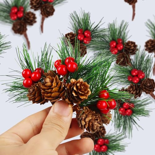 Dawumin Rami di Abete Artificiali Con Bacche e Pigne - 20 Pezzi - Set Decorazioni Natalizie per Corona dell'Avvento e Albero di Natale