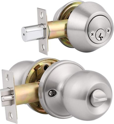 Brotima 1 Pack Keyed Alike Door Lock Set with Deadbolt, Satin Nickel Finished Double Cylinder Deadbolt Lock Set, Security Round Style Entry Door Knobs