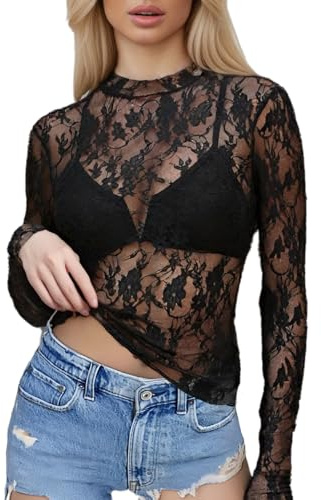 Sahunfri Mesh Tops for Women, Lace Tops for Women UK Sexy See Through Shirts, Y2K Lace Top Layering Blouses (UK, Alpha, L, Regular, Regular, Standard, Black)