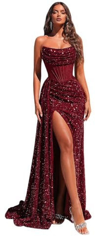Cocktail Evening Gowns Formal Dresses for Women Sequin Tulle Wedding Guest Party Sexy Off Shoulder Floor Length Prom Dress Wine Red-L