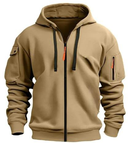 MakingDa Mens Hoodie Long Sleeve Pullover Zipped Pocket Cuffed Shirts Hoody Fleece Slim Fit Casual Winter Hooded Sweatshirts Khaki XXL