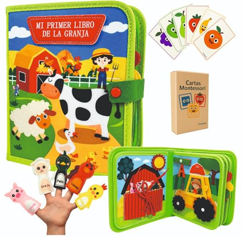 Libro Montessori 1-3 Años – Libro Sensorial con Actividades (Busy Book) + 18 Cartas Educativas – Motricidad Fina – Juguete Educativo – Regalo Niño 1 a 2 Años