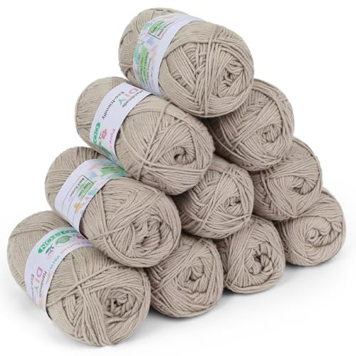 Coopay Pelote de Laine à Tricoter, 100% Coton a Crocheter, Pelote Coton pour Crochet, 10x50g Fil Coton pour Crochet T-shirts ou Top d’Été, Pull, Layette, Bonnet - Beige