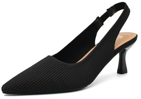 Peijely Women's Slingback Low Kitten Heels Closed Toe Knit Pumps Work Dressy Shoes, Black, 6 UK